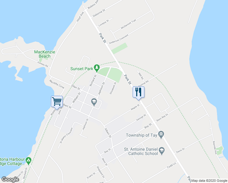 map of restaurants, bars, coffee shops, grocery stores, and more near 63 Elizabeth Street in Simcoe County