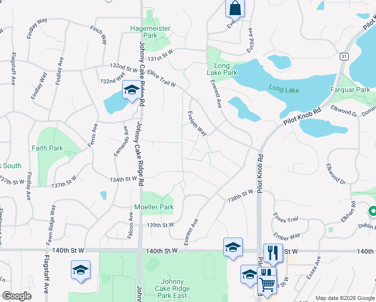 map of restaurants, bars, coffee shops, grocery stores, and more near 13643 Everton Avenue in Apple Valley