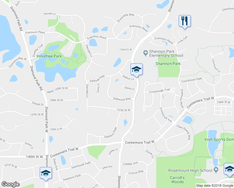 map of restaurants, bars, coffee shops, grocery stores, and more near 13541 Dellwood Court in Rosemount