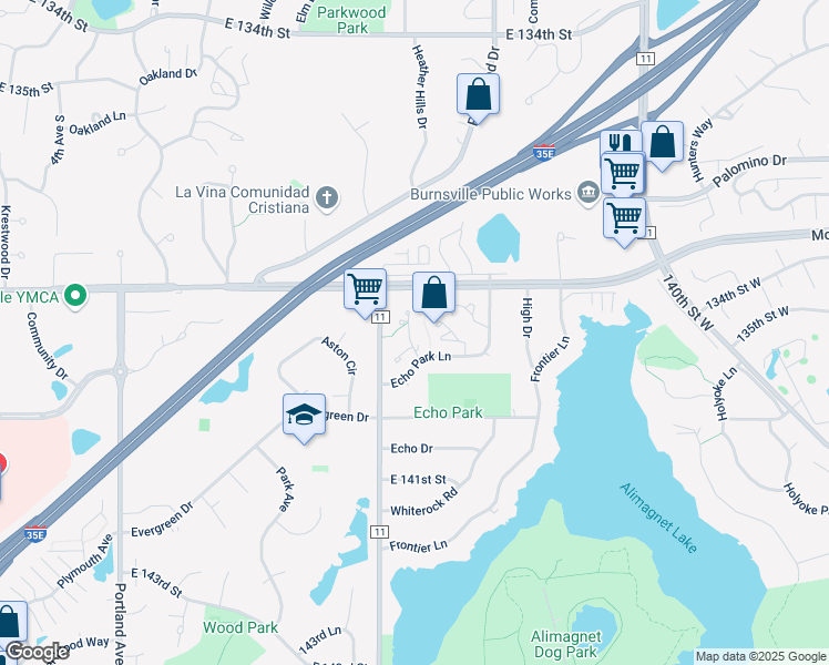 map of restaurants, bars, coffee shops, grocery stores, and more near 13843 Echo Park Circle in Burnsville