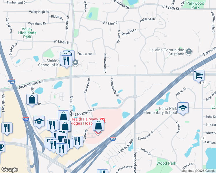 map of restaurants, bars, coffee shops, grocery stores, and more near 13810 Community Drive in Burnsville