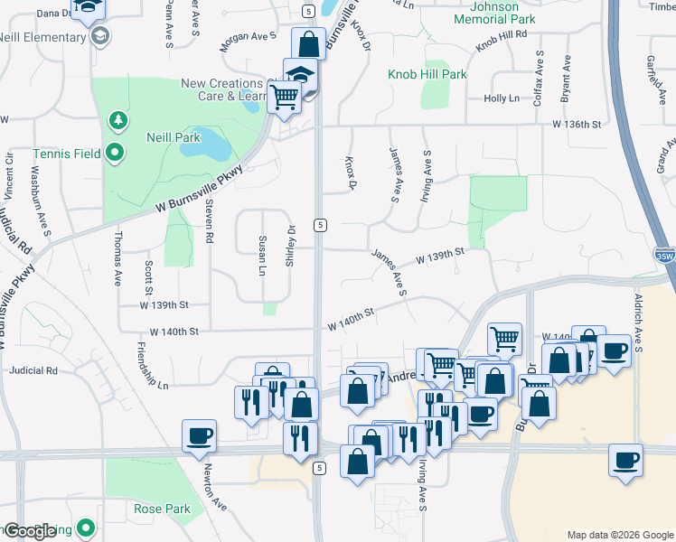 map of restaurants, bars, coffee shops, grocery stores, and more near 1716 James Place in Burnsville