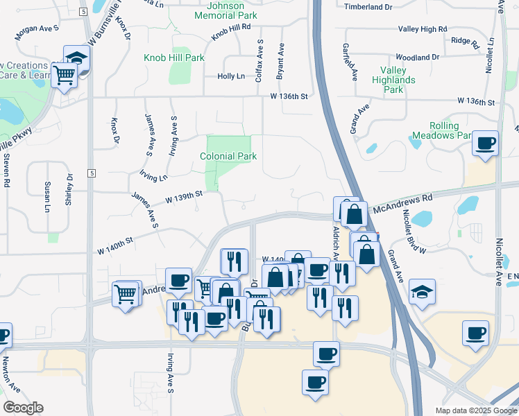 map of restaurants, bars, coffee shops, grocery stores, and more near 1113 W 139th St in Burnsville