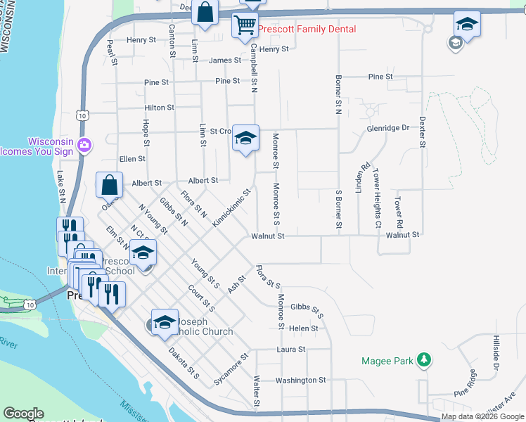 map of restaurants, bars, coffee shops, grocery stores, and more near 176 Campbell Street South in Prescott