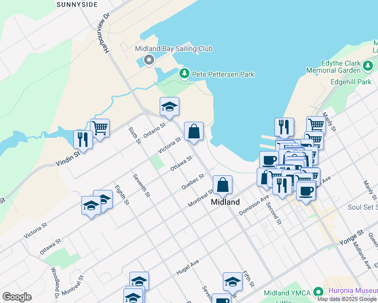 map of restaurants, bars, coffee shops, grocery stores, and more near 102 Fourth Street in Midland