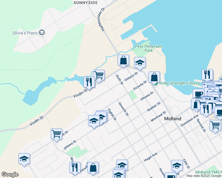 map of restaurants, bars, coffee shops, grocery stores, and more near Ontario Street in Midland