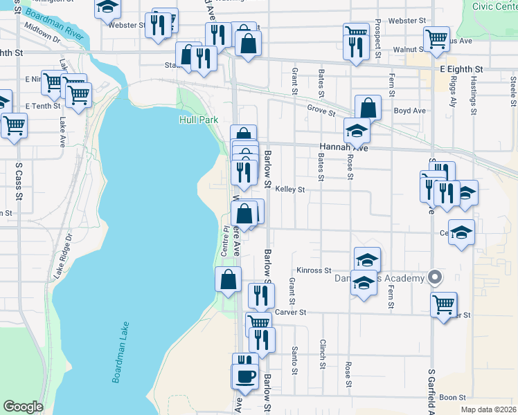 map of restaurants, bars, coffee shops, grocery stores, and more near 905 Woodmere Avenue in Traverse City