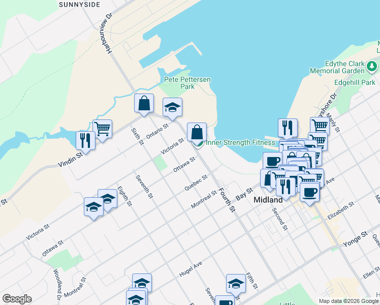 map of restaurants, bars, coffee shops, grocery stores, and more near 95 Fifth Street in Midland