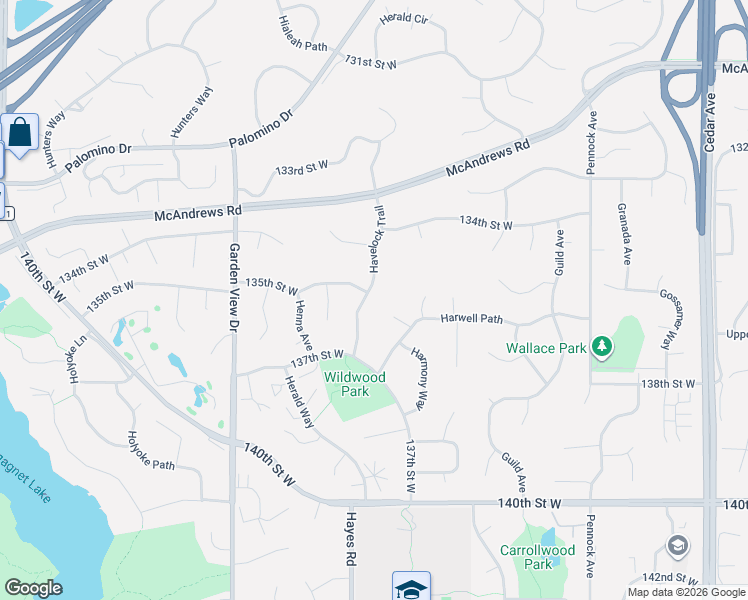 map of restaurants, bars, coffee shops, grocery stores, and more near 13540 Havelock Trail in Apple Valley