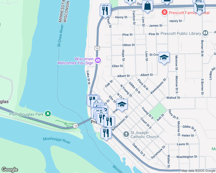 map of restaurants, bars, coffee shops, grocery stores, and more near 331 Court Street North in Prescott
