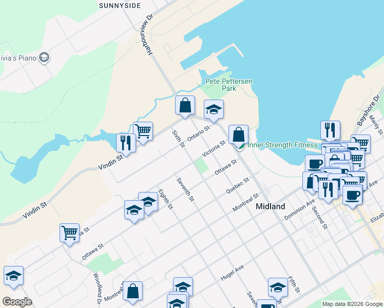 map of restaurants, bars, coffee shops, grocery stores, and more near 63 Sixth Street in Midland