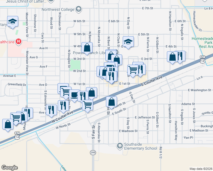 map of restaurants, bars, coffee shops, grocery stores, and more near 151 East 1st Street in Powell