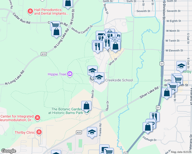 map of restaurants, bars, coffee shops, grocery stores, and more near 1015 Red Drive in Traverse City