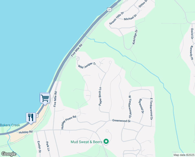 map of restaurants, bars, coffee shops, grocery stores, and more near 4527 Paper Birch Lane in Traverse City
