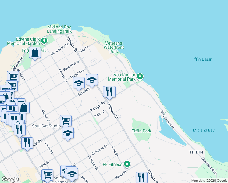 map of restaurants, bars, coffee shops, grocery stores, and more near 188 Yonge Street in Midland
