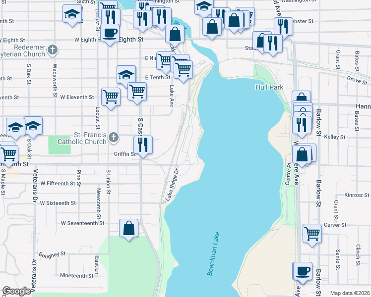 map of restaurants, bars, coffee shops, grocery stores, and more near 1022 Lake Ridge Drive in Traverse City
