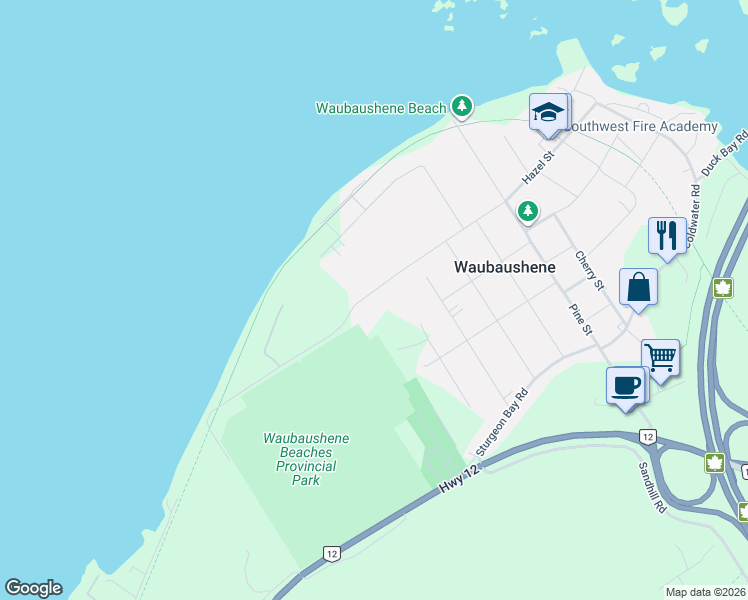 map of restaurants, bars, coffee shops, grocery stores, and more near 187 Albin Road in Waubaushene