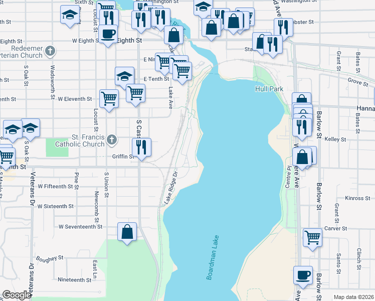 map of restaurants, bars, coffee shops, grocery stores, and more near 1022 Lake Ridge Drive in Traverse City