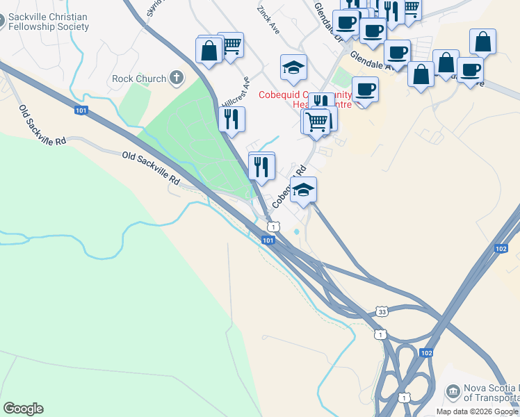 map of restaurants, bars, coffee shops, grocery stores, and more near 52 Sackville Drive in Lower Sackville