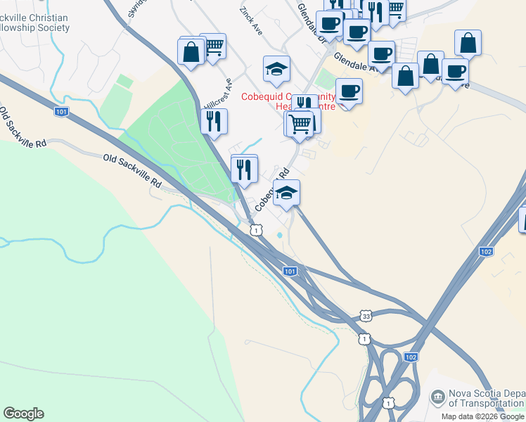 map of restaurants, bars, coffee shops, grocery stores, and more near 15 Cobequid Road in Lower Sackville