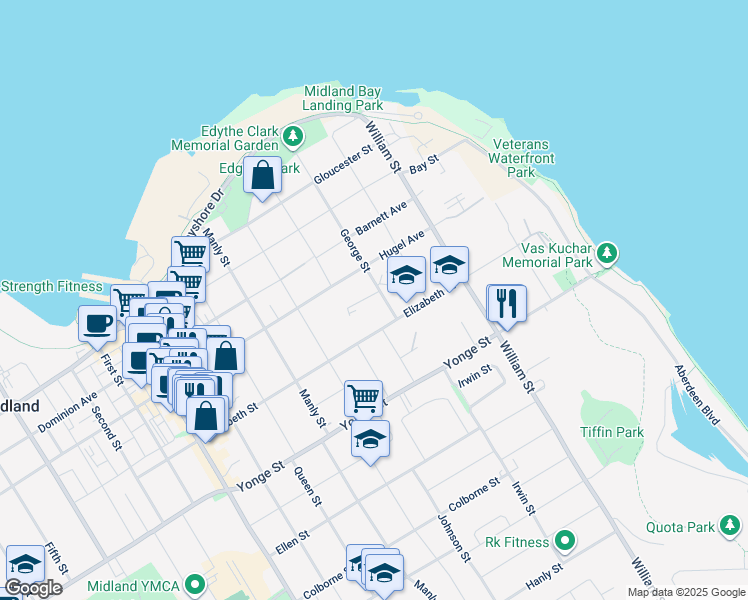 map of restaurants, bars, coffee shops, grocery stores, and more near 308 George Street in Midland
