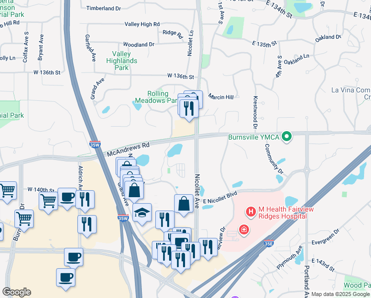 map of restaurants, bars, coffee shops, grocery stores, and more near 51 McAndrews Road West in Burnsville