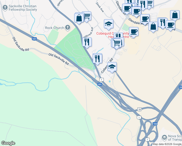 map of restaurants, bars, coffee shops, grocery stores, and more near 30 Old Sackville Road in Lower Sackville