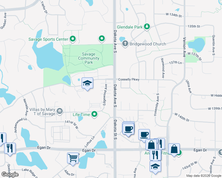 map of restaurants, bars, coffee shops, grocery stores, and more near 13847 Edgewood Avenue in Savage