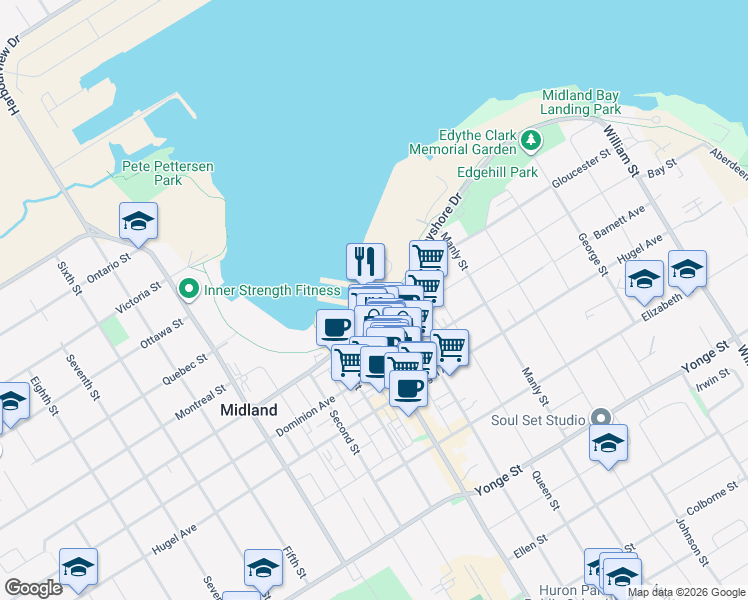 map of restaurants, bars, coffee shops, grocery stores, and more near 475 Bayshore Drive in Midland