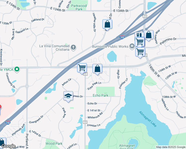 map of restaurants, bars, coffee shops, grocery stores, and more near 13901 Echo Park Circle in Burnsville