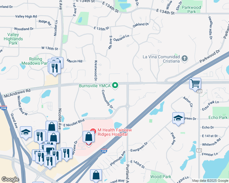 map of restaurants, bars, coffee shops, grocery stores, and more near 13850 Portland Avenue in Burnsville