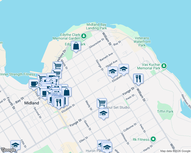 map of restaurants, bars, coffee shops, grocery stores, and more near 325 Hugel Avenue in Midland
