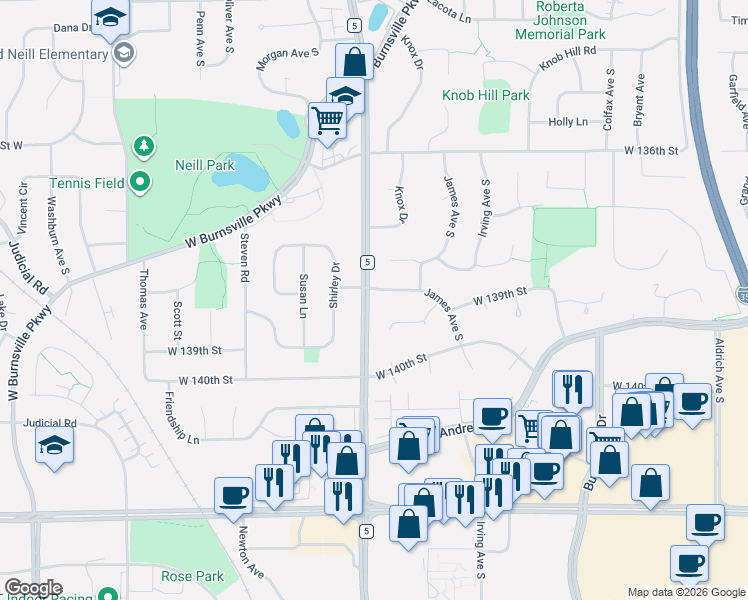 map of restaurants, bars, coffee shops, grocery stores, and more near 13808 County Road 5 in Burnsville