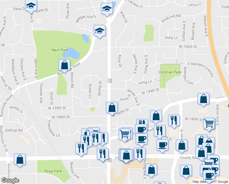 map of restaurants, bars, coffee shops, grocery stores, and more near 1805 West 138th Street in Burnsville