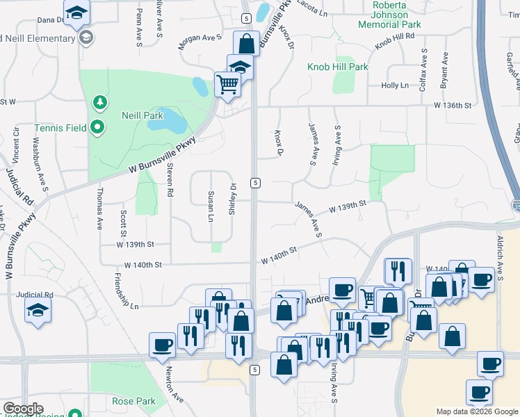 map of restaurants, bars, coffee shops, grocery stores, and more near 13808 County Road 5 in Burnsville