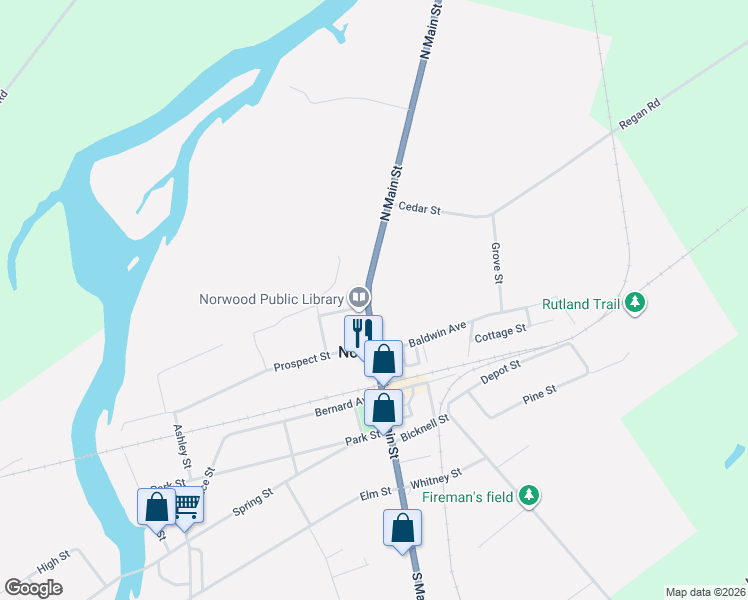 map of restaurants, bars, coffee shops, grocery stores, and more near 44 N Main St in Norwood