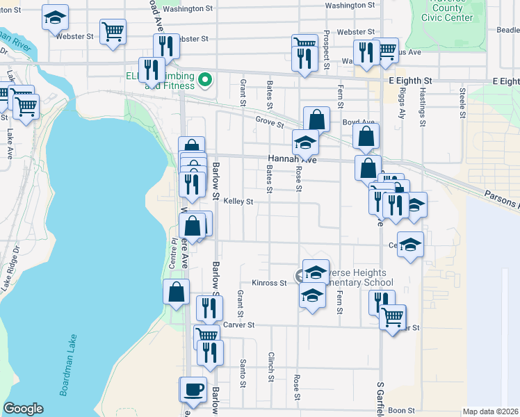 map of restaurants, bars, coffee shops, grocery stores, and more near 854 Kelley Street in Traverse City