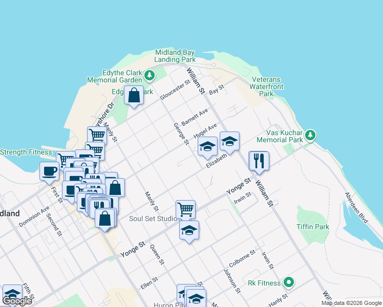 map of restaurants, bars, coffee shops, grocery stores, and more near 308 George Street in Midland