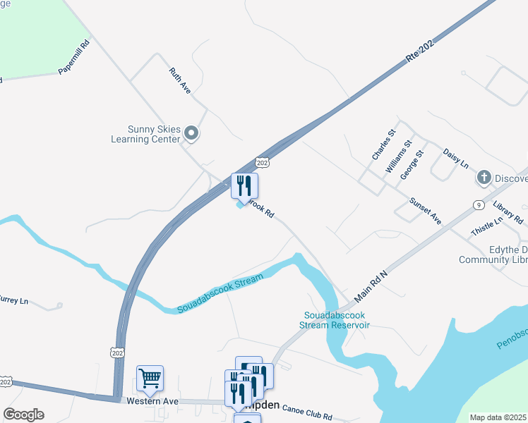 map of restaurants, bars, coffee shops, grocery stores, and more near 75 Coldbrook Road in Hampden