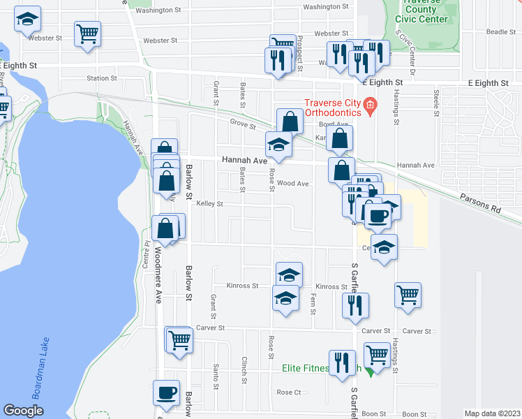map of restaurants, bars, coffee shops, grocery stores, and more near 882 Kelley Street in Traverse City