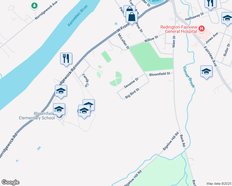 map of restaurants, bars, coffee shops, grocery stores, and more near 44 Big Bird Street in Skowhegan