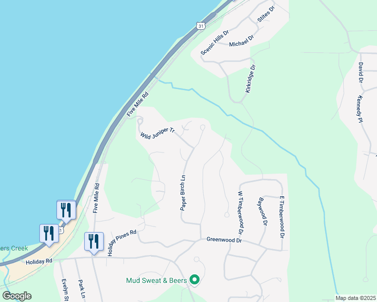 map of restaurants, bars, coffee shops, grocery stores, and more near 4527 Paper Birch Lane in Traverse City