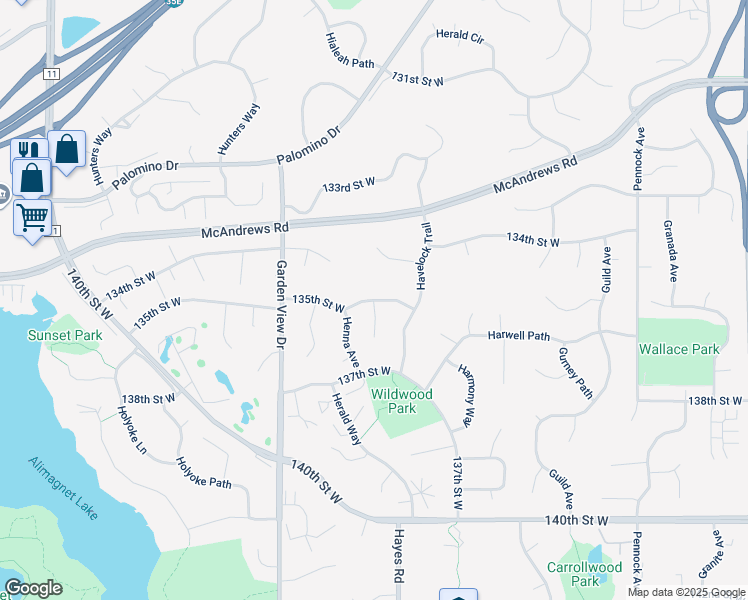 map of restaurants, bars, coffee shops, grocery stores, and more near 8303 Hemlock Court in Apple Valley