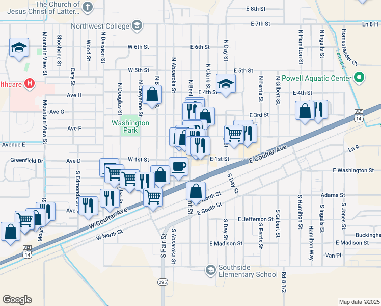 map of restaurants, bars, coffee shops, grocery stores, and more near 125-127 South Bent Street in Powell