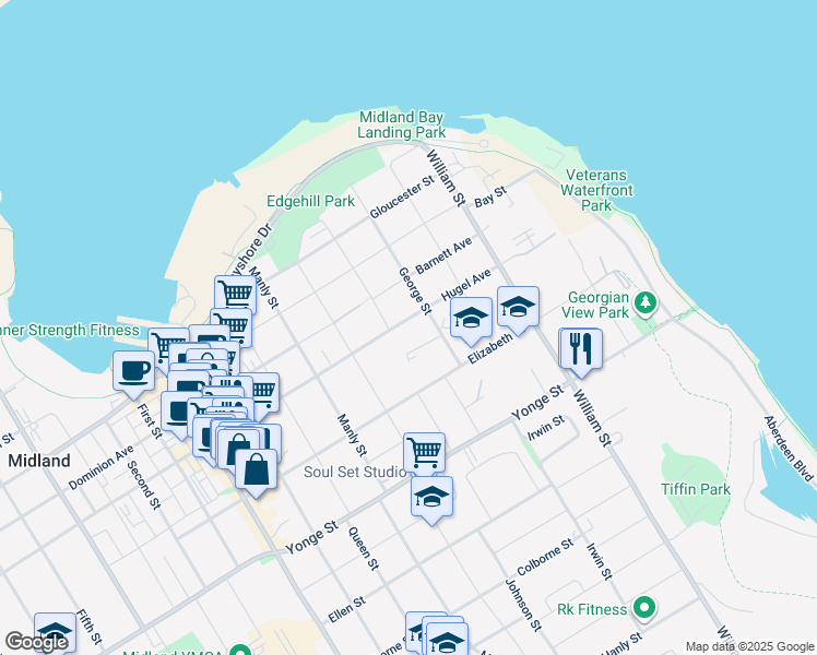 map of restaurants, bars, coffee shops, grocery stores, and more near 313 Hugel Avenue in Midland