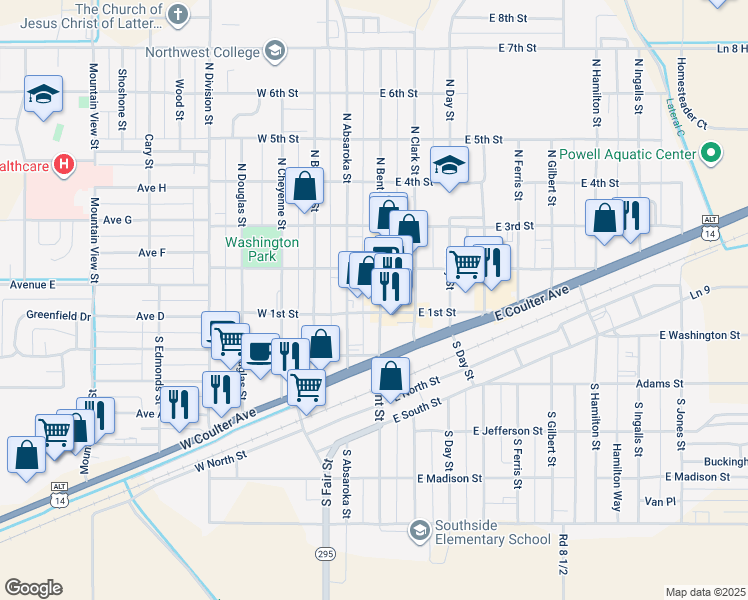 map of restaurants, bars, coffee shops, grocery stores, and more near 125 South Bent Street in Powell