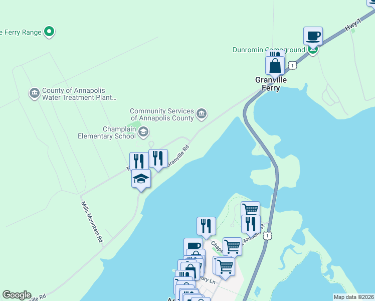 map of restaurants, bars, coffee shops, grocery stores, and more near 5454 Granville Road in Granville Ferry