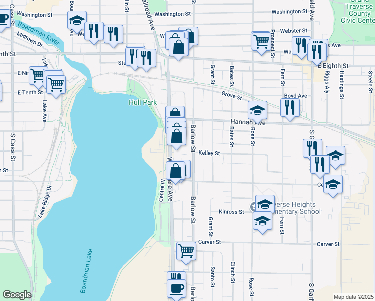 map of restaurants, bars, coffee shops, grocery stores, and more near 745-869 Woodmere Avenue in Traverse City