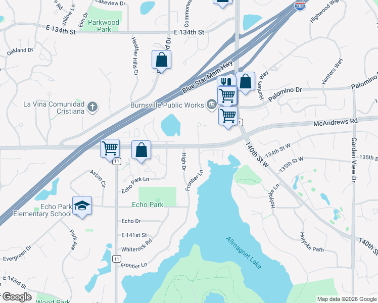 map of restaurants, bars, coffee shops, grocery stores, and more near 13786 Frontier Court in Burnsville