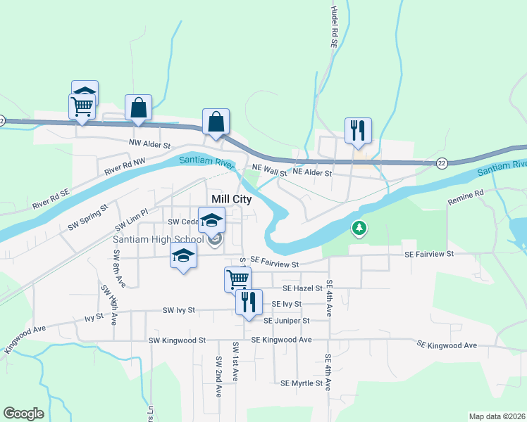 map of restaurants, bars, coffee shops, grocery stores, and more near 244 Whitten Southeast Road in Mill City